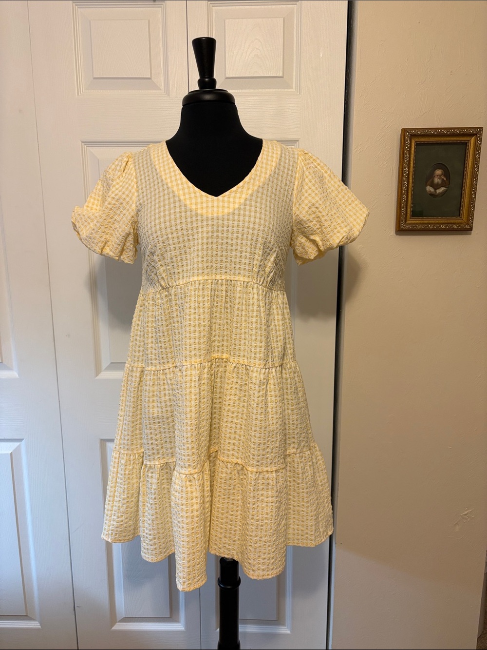NWT Hem & Thread Yellow Gingham Seersucker Tiered Babydoll Mini Dress.Size Small
